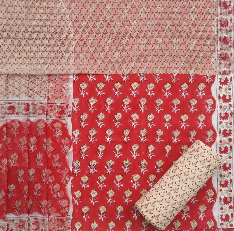 Shop Unstitched Hand Block Print Pure Cotton Chiffon Dupatta Suits (TPCHF174)