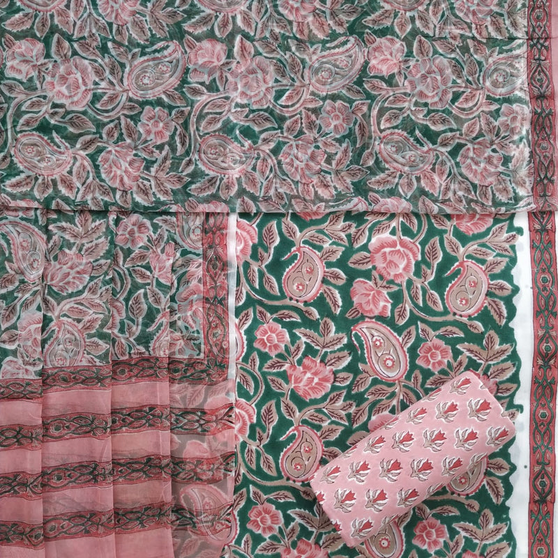 Shop Unstitched Hand Block Print Pure Cotton Chiffon Dupatta Suits (TPCHF176)