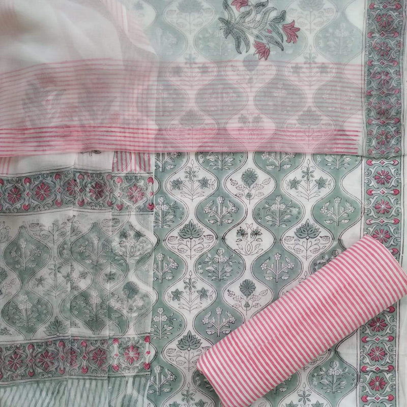 Shop Unstitched Hand Block Print Cotton Suits with Chiffon Dupatta (TPCHF225)