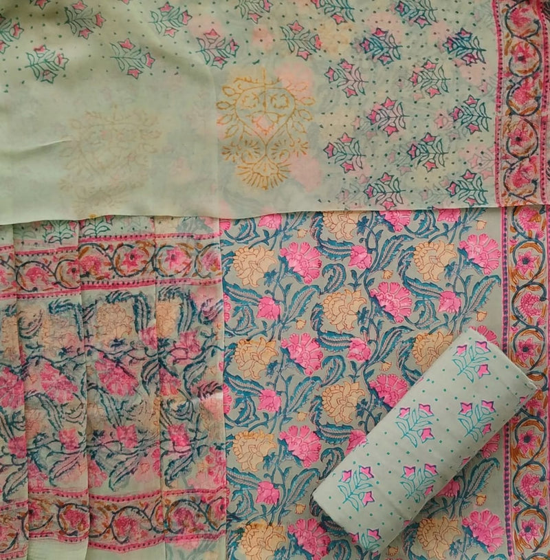shop hand block print cotton suit with chiffon dupatta