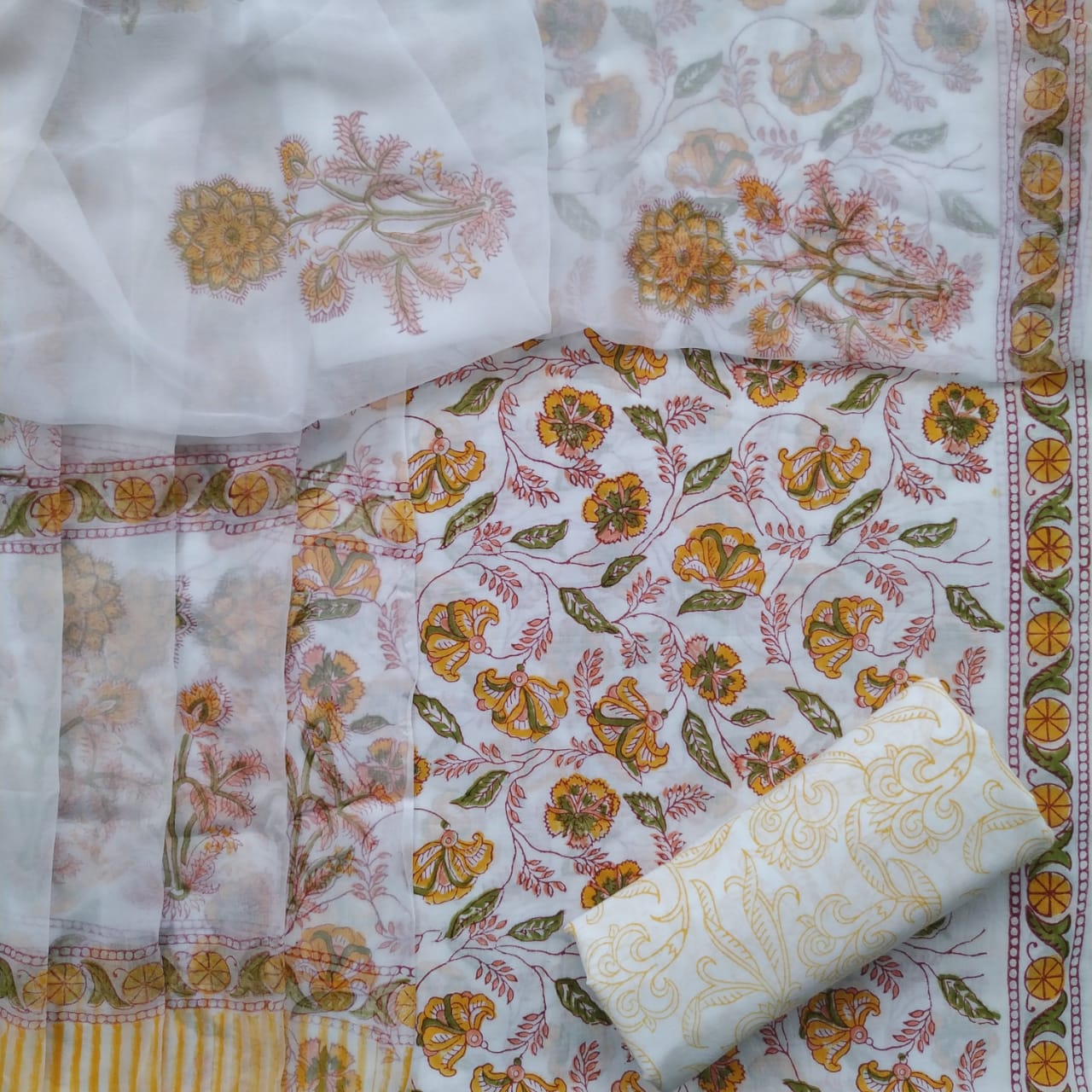 Shop Unstitched Hand Block Print Pure Cotton Chiffon Dupatta Suits (TPCHF235)