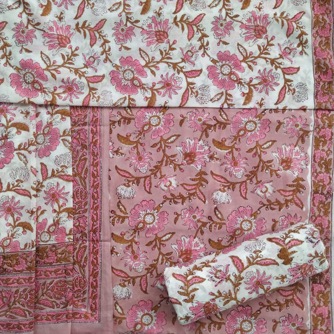 Shop Unstitched Hand Block Print Pure Cotton Suits with Mulmul Dupatta (TPRMUL127)