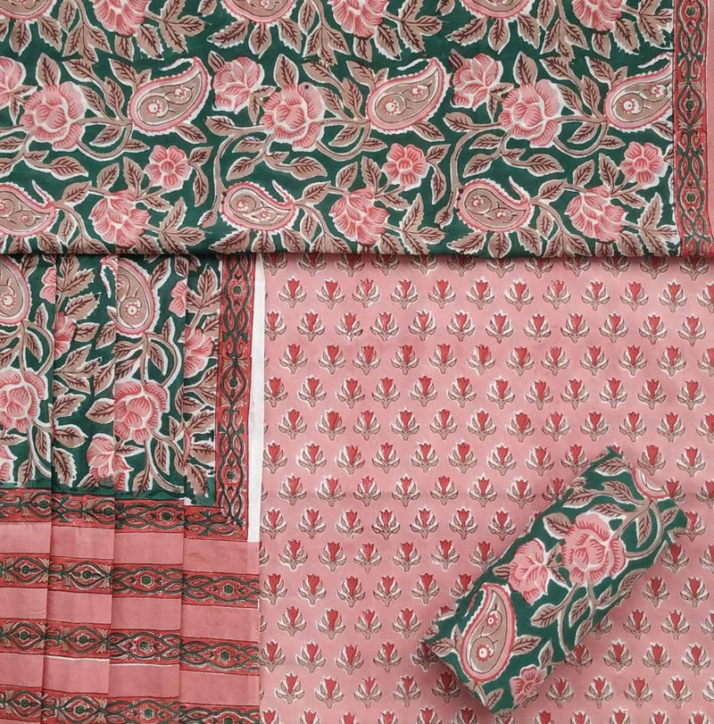 Shop Unstitched Hand Block Print Pure Cotton Suits with Mulmul Dupatta (TPRMUL146)
