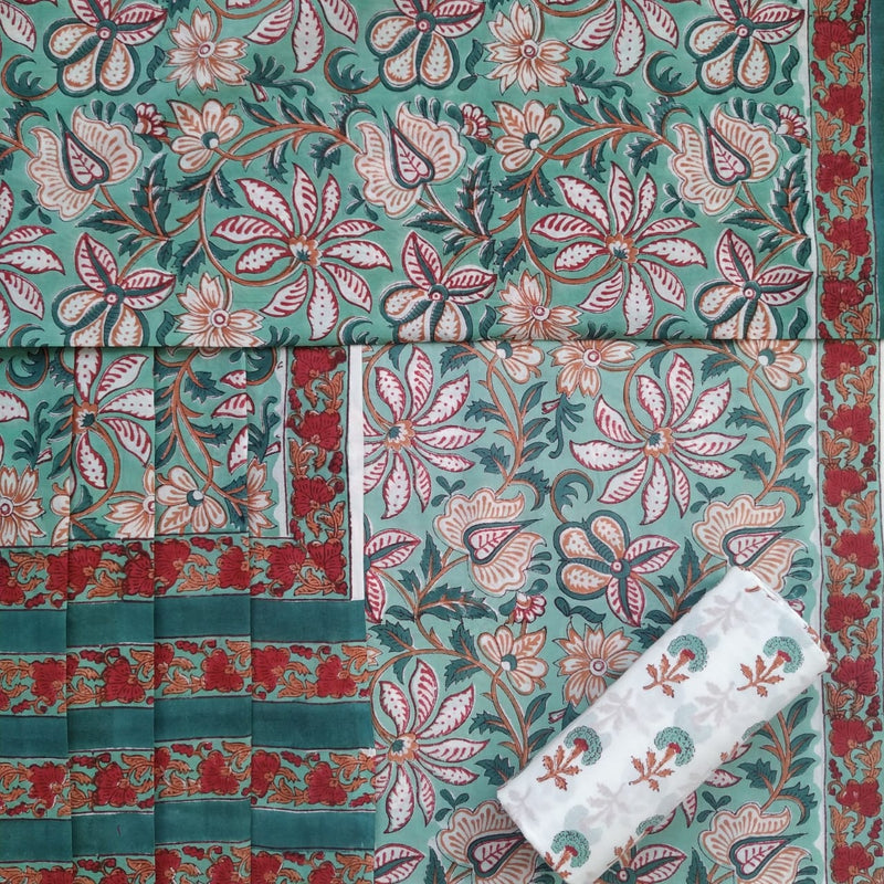 Shop Unstitched Hand Block Print Pure Cotton Suits with Mulmul Dupatta (TPRMUL147)