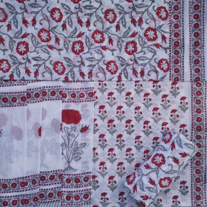 Shop Unstitched Hand Block Print Pure Cotton Suits with Mulmul Dupatta (TPRMUL151)