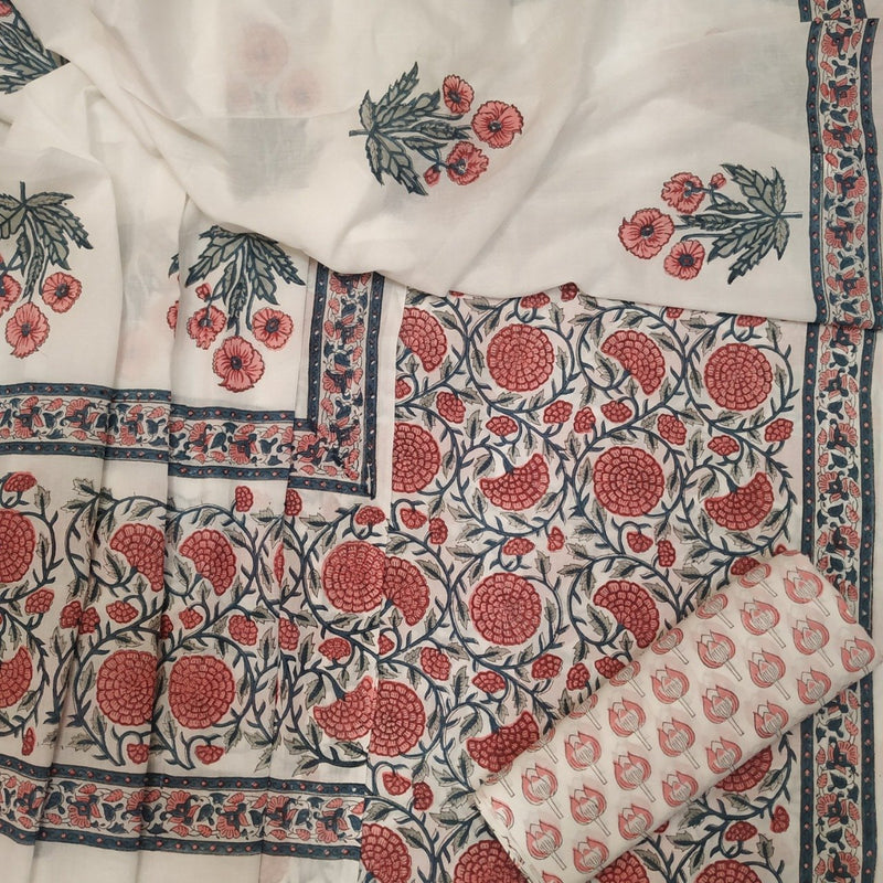 Shop Unstitched Hand Block Print Pure Cotton Suits with Mulmul Dupatta (TPRMUL15)