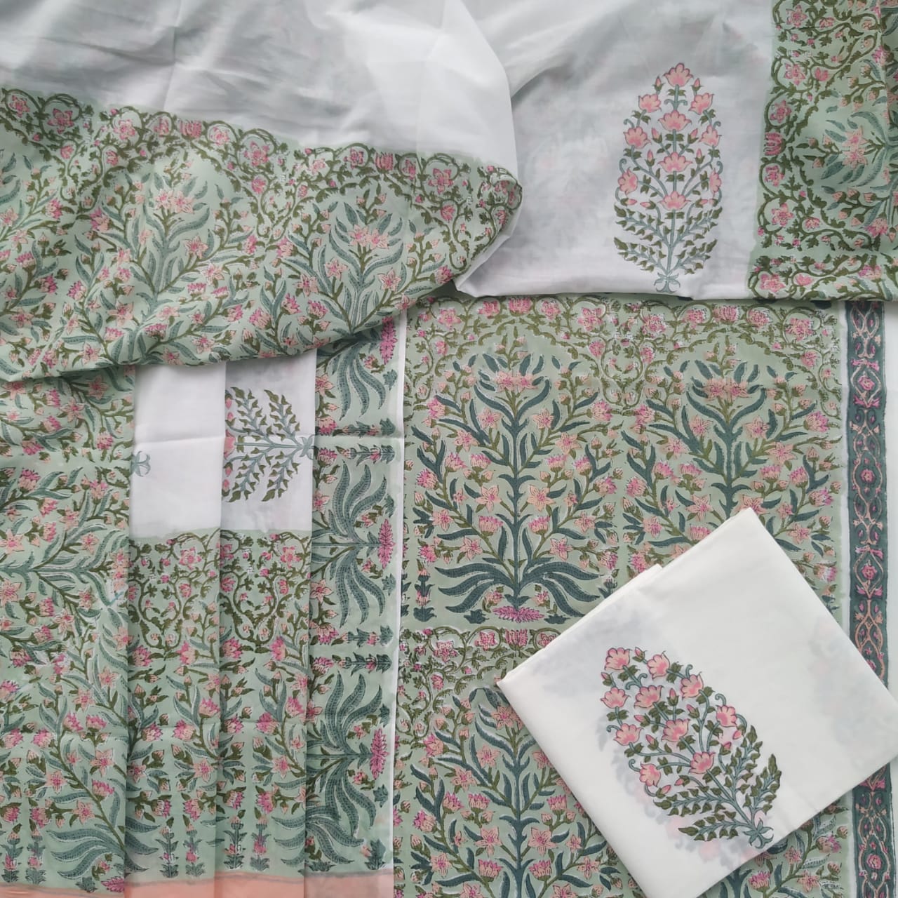Shop Unstitched Hand Block Print Pure Cotton Suits online with Mulmul Dupatta (TPRMUL84)
