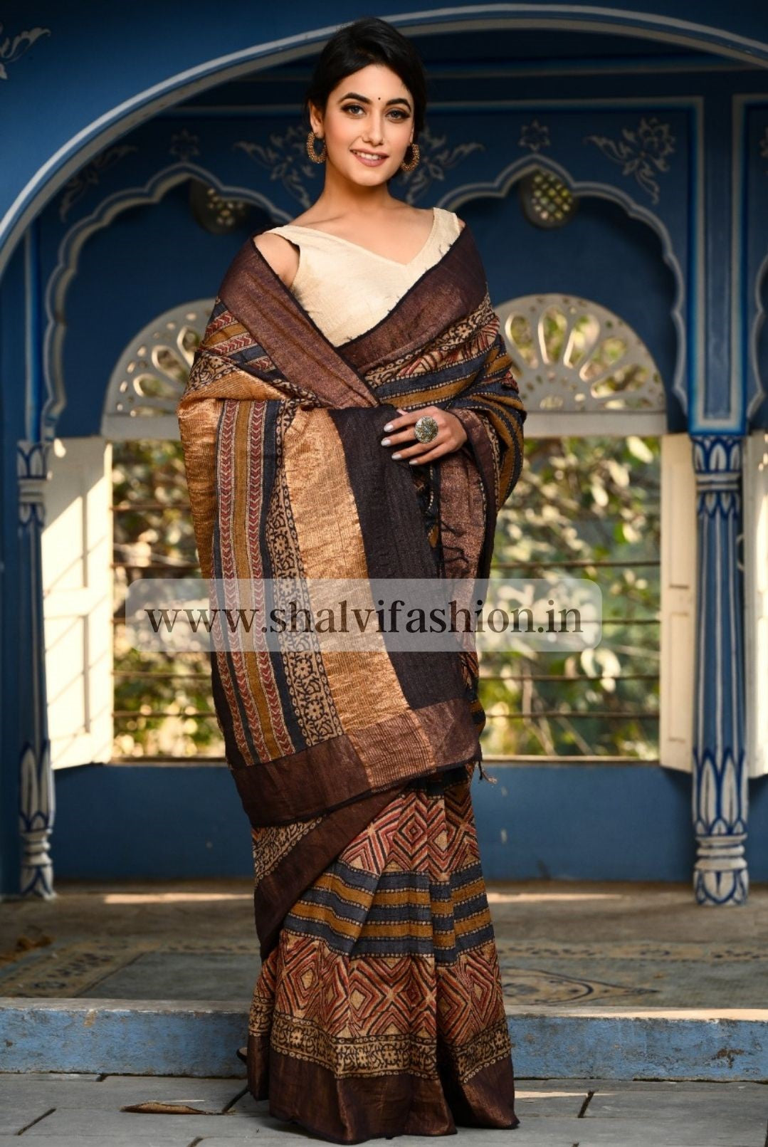 Shop bagru print tussar silk saree in jaipur (TSS03)