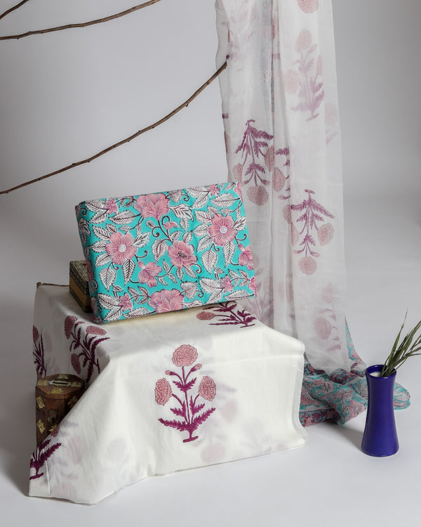 Designer Hand Block Floral Print Cotton Suit with Chiffon Dupatta (PCHF123)