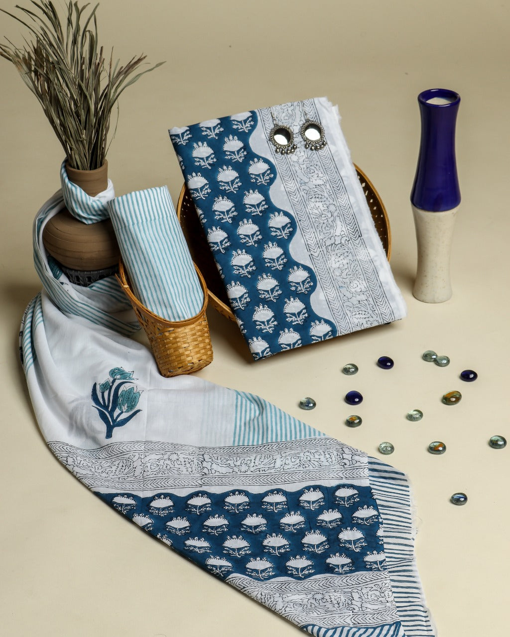 Shop Unstitched Hand Block Print Pure Cotton Suits with Mulmul Dupatta (PRMUL185)