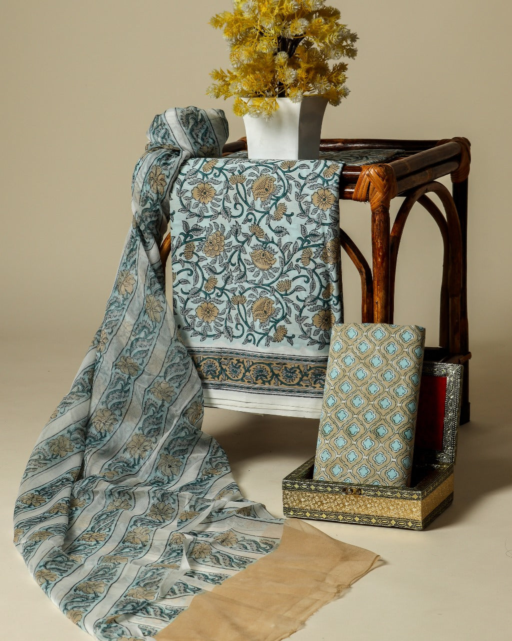 shop hand block print cotton suit with chiffon dupatta online