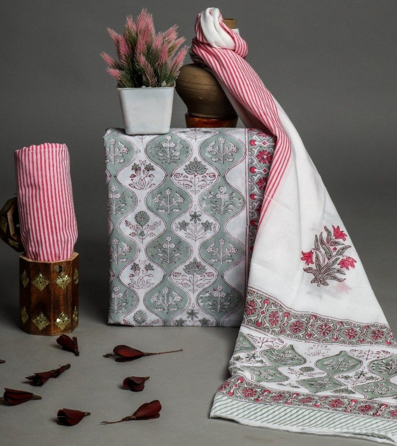 Shop Unstitched Hand Block Print Pure Cotton Suits with Mulmul Dupatta (PRMUL187)