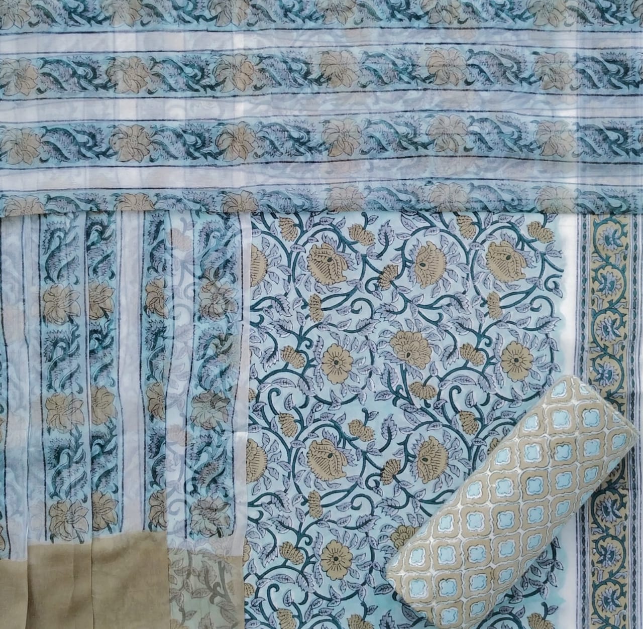 shop hand block print cotton suit with chiffon dupatta online