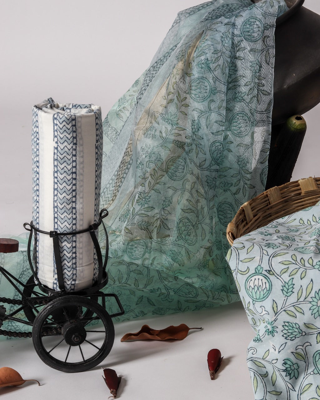 Shop Unstitched Hand Block Print Cotton Suits with Organza Dupatta (ORG35)