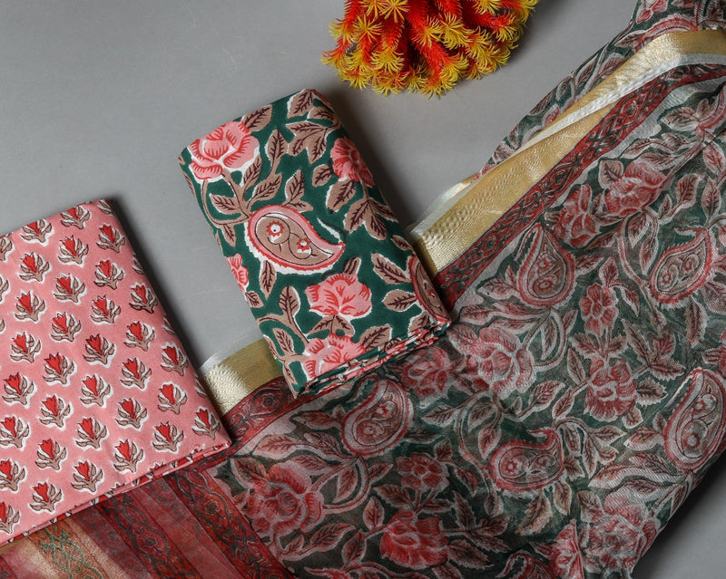 Shop Unstitched Hand Block Print Pure Cotton Suits with Organza Dupatta (ORG87)