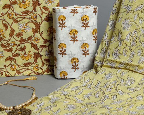 Exclusive Hand Block Floral Jaal Print Pure Cotton Suit material with Mulmul Dupatta (PRMUL112)