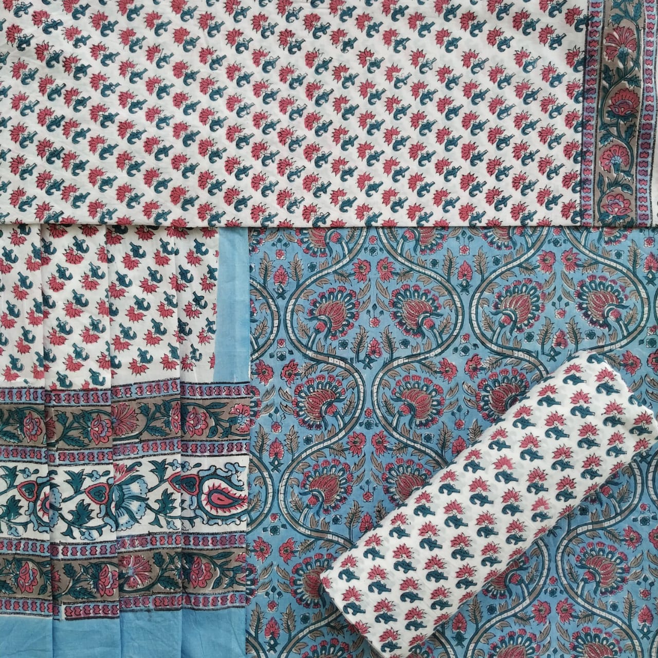 Designer Hand Block Print Pure Cotton Suits with Mulmul Dupatta (PRMUL181)