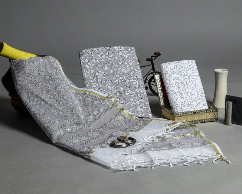 Shop Unstitched Hand Block Print Pure Cotton Suits with Kota Doria Dupatta (T3CKD346)