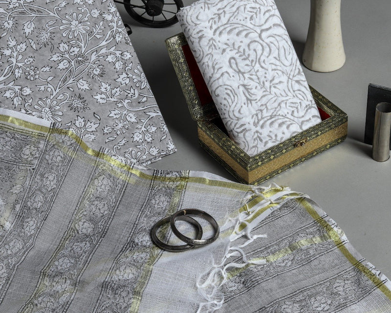 Shop Unstitched Hand Block Print Pure Cotton Suits with Kota Doria Dupatta (T3CKD346)