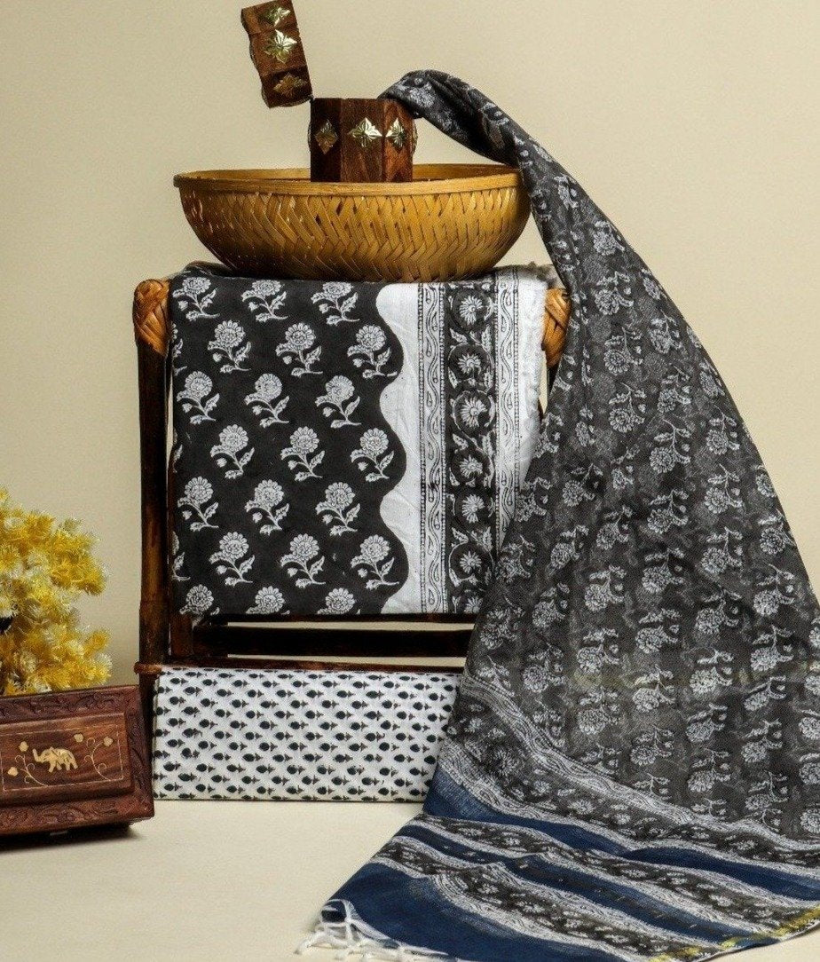 shop unstitched hand block print cotton suits with kota doria dupatta